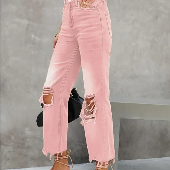 Stylish Pink Distressed Women Jeans - Picture 2 of 4